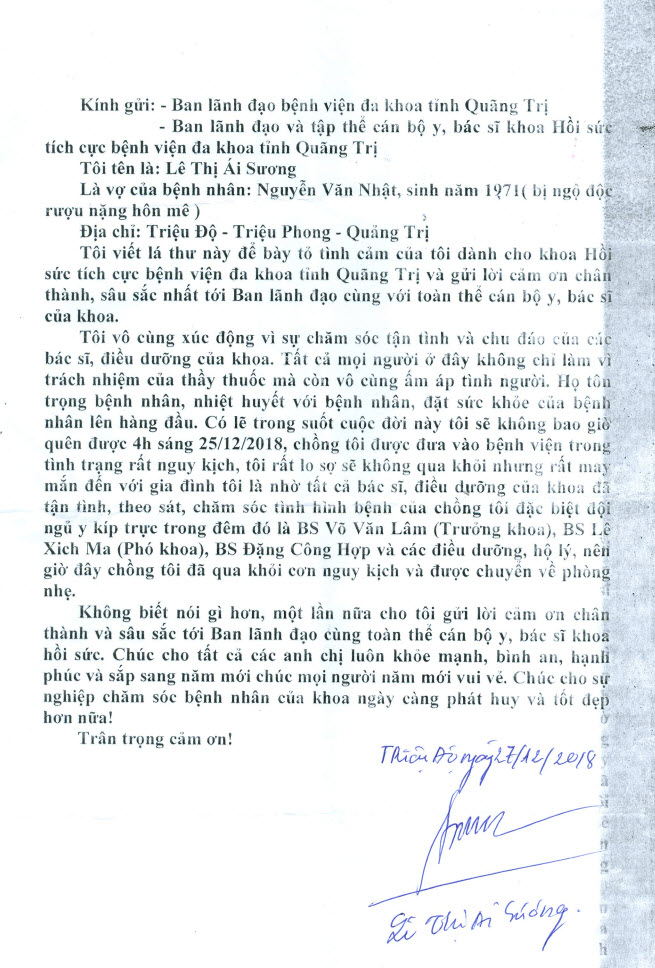 thư cảm ơn của NNBN Nguyễn Văn Nhật